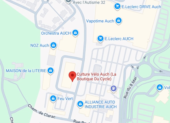 Carte routière d'Auch: Culture Vélo Auch (La Boutique Du Cycle) avec ses voisins E.Leclerc, Feu Vert, Orchestra et Noz.